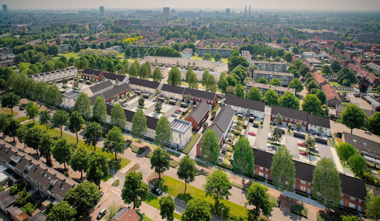 Vogelvlucht: stadswijk met rijtjeshuizen, binnenterreinen met parkeren en zonnepanelen — Ontwikkeling De Vijf van Vorst Eindhoven
