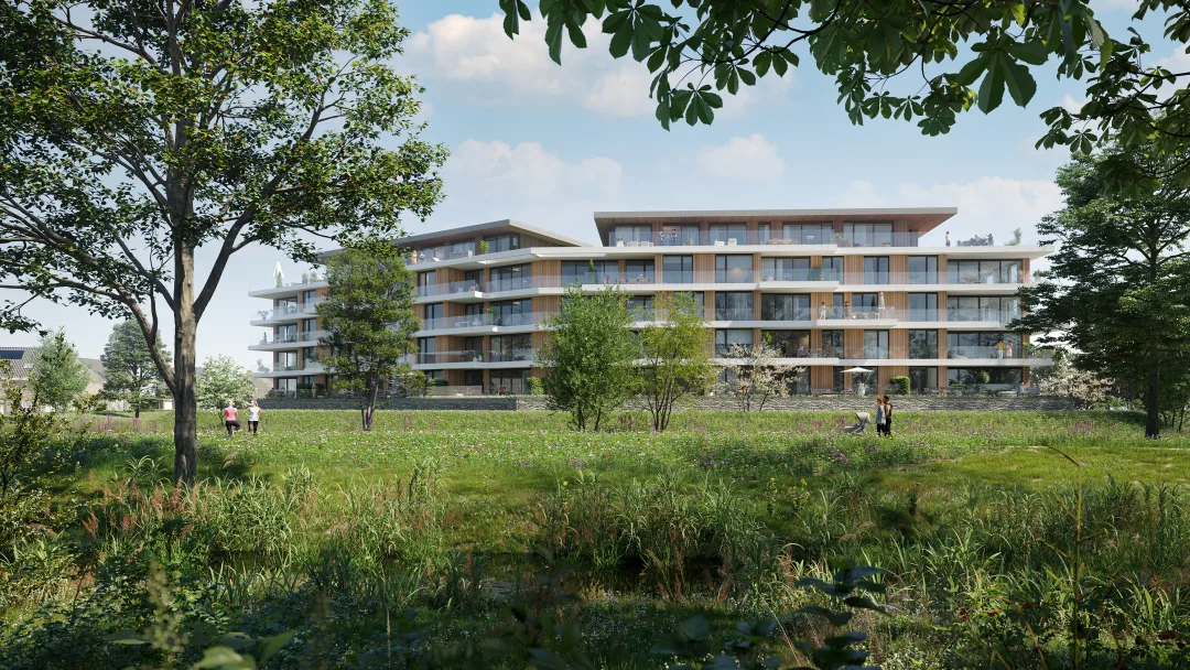 Visualisatie van appartementencomplex Land van Anna in Goirle, omgeven door groen en water.