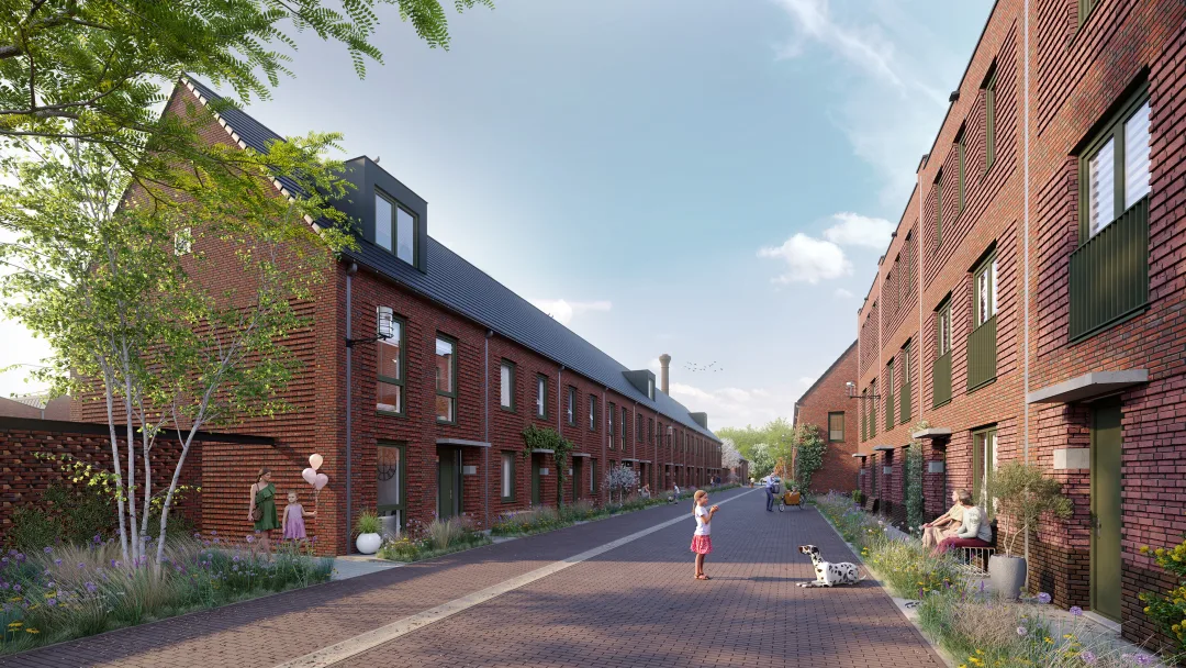Visualisatie van een nieuwe woonstraat met moderne bakstenen huizen en spelende kinderen.