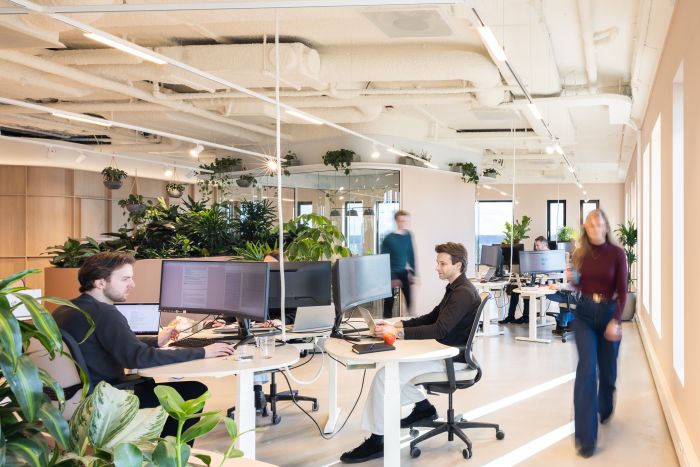 Moderne kantoorruimte met veel planten waar medewerkers werken aan bureaus in een licht en open interieur.