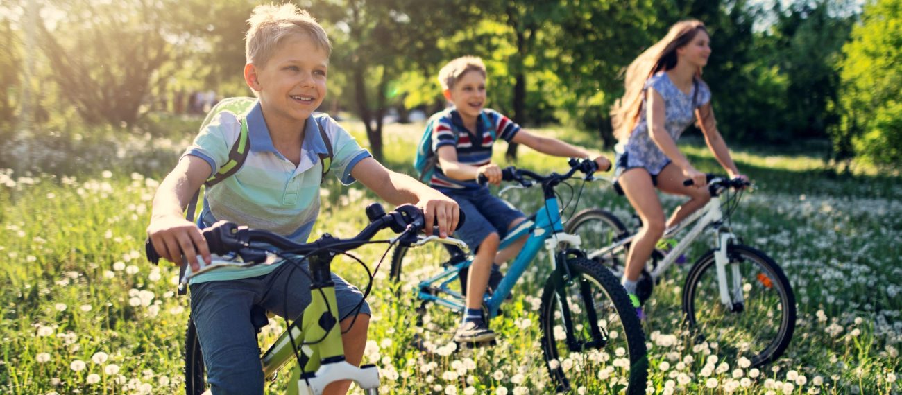 Drie kids op fietsen in lentegras met bloeiende pluisbollen, recreatief buiten — Ontwikkeling Kluisstraat Ommel