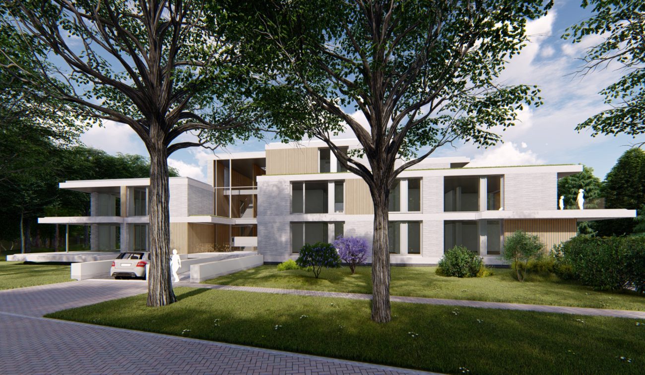 Impressie nieuwbouw appartementen Boslaan, Son en Breugel – modern laagbouwcomplex met lichte gevels en grote balkons, omgeven door parkachtig groen en volwassen bomen.