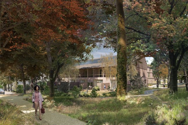 Impressie van ontwikkeling Bosplaats Thijsse in Renkum – duurzaam gebouw met houten uitstraling midden in een bosrijke omgeving, met wandelpad en bewoners in het groen.
