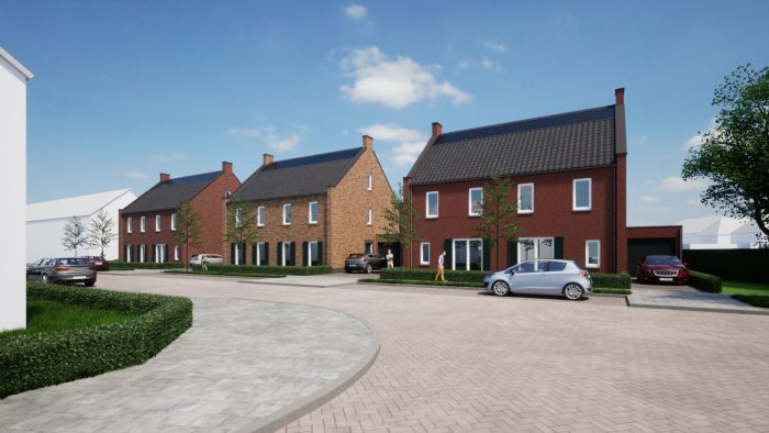 Straatbeeld impressie herontwikkeling De Molensteen Valkenswaard met rijwoningen in baksteen, donkere zadeldaken en geparkeerde auto’s op een rustig hofje onder een zonnige lucht.