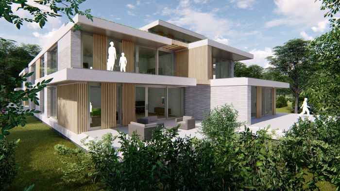 Impressie nieuwbouw appartementen Boslaan, Son en Breugel – moderne lichtgekleurde laagbouw in hoekaanzicht met brede overstekken, pergola-looproute, vijver en weelderig groen.