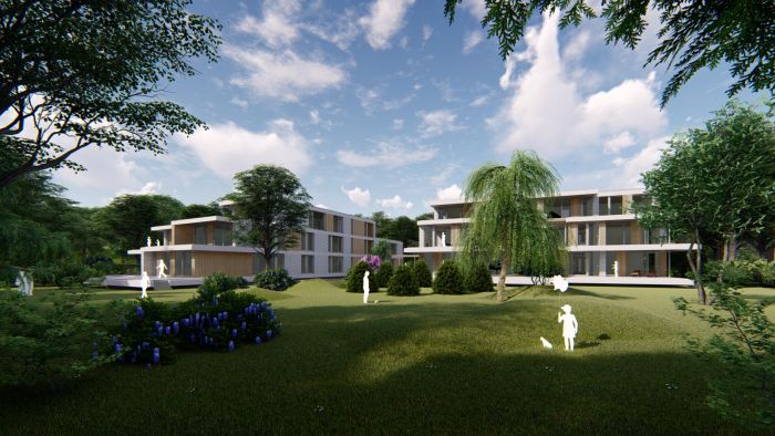 Parkachtige nieuwbouw aan de Boslaan Son en Breugel: twee moderne appartementencomplexen met grote balkons, veel glas en groenvoorziening.