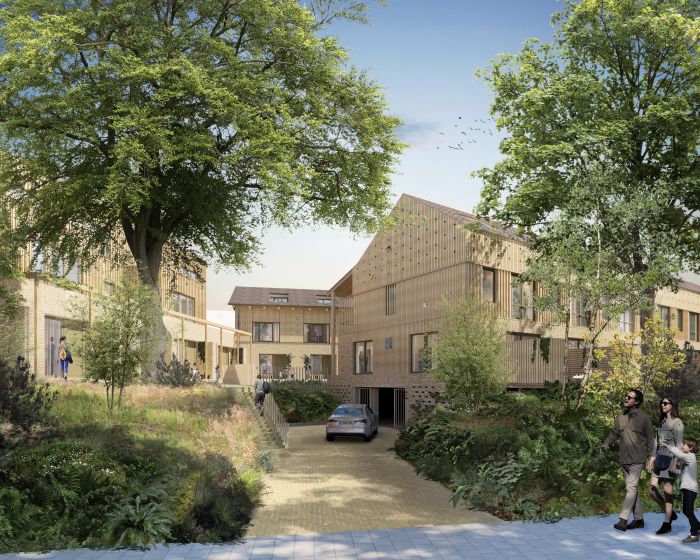 Impressie Bosplaats Thijsse Renkum – houten woongebouwen in een groene, glooiende omgeving met grote boom; auto rijdt halfverdiepte parkeergarage in, voetgangers over pad.