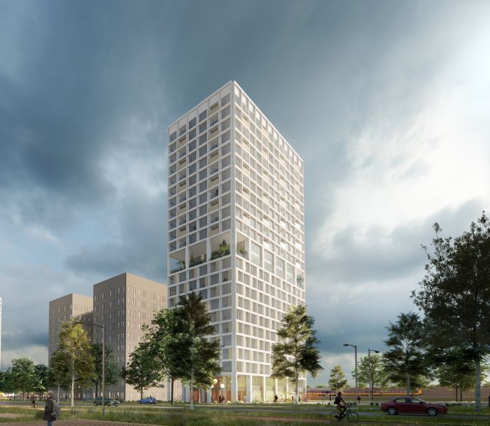 Impressie van woontoren Knoop XL Eindhoven – slanke toren met wit gevelraster en inspringende loggia’s met groen, omringd door bomen en lagere gebouwen onder een bewolkte lucht.