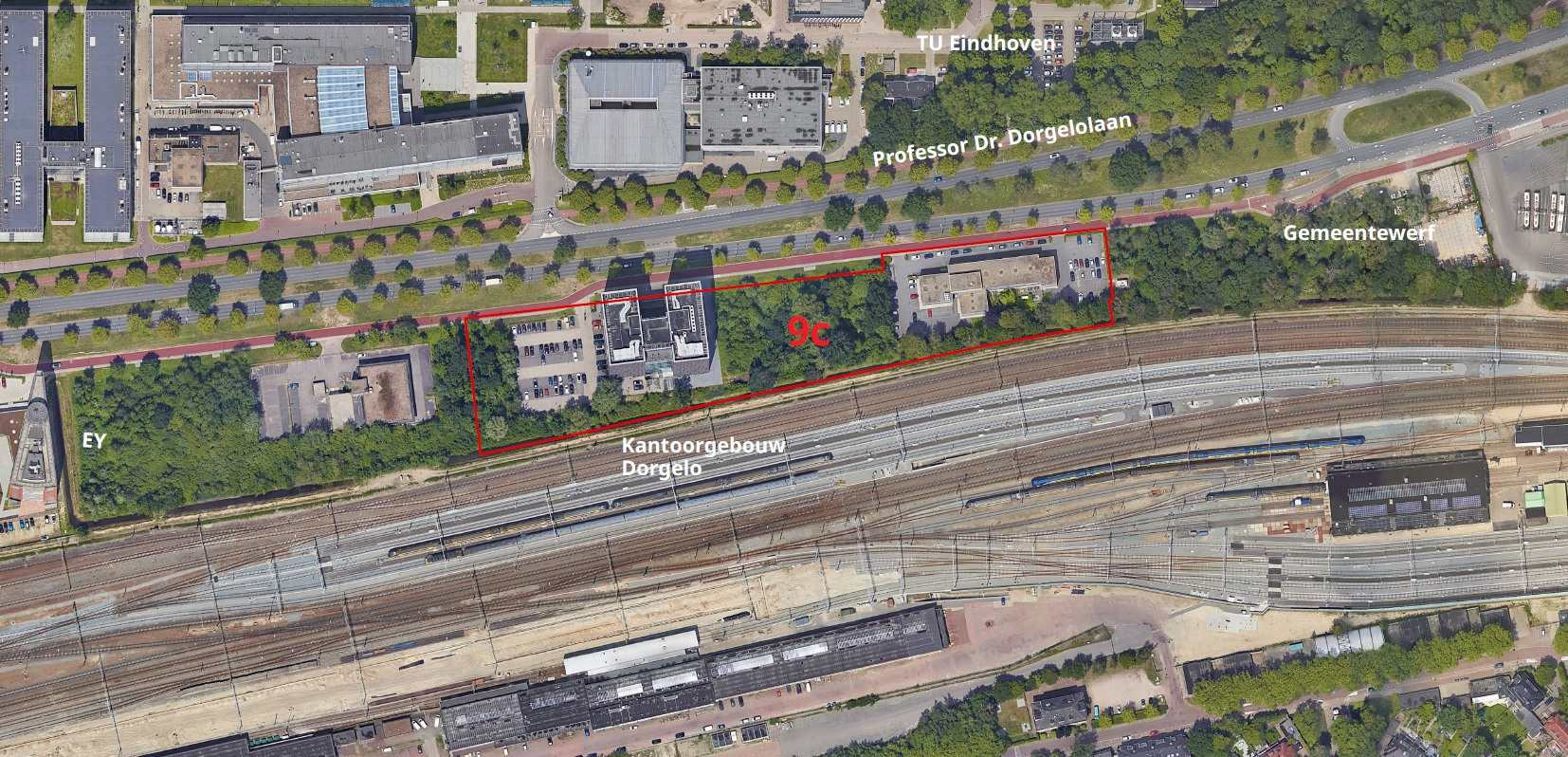 Kantoorgebouw Dorgelo en locatie 9c tussen spoorlijn en Professor Dr. Dorgelolaan in Eindhoven