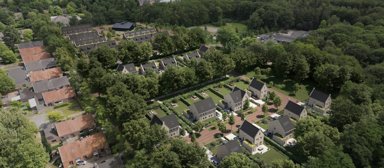 Vogelvlucht Impressie van nieuwbouwwoningen aan groene, boomrijke laan in Bosrijk Mariendaal, Velp .