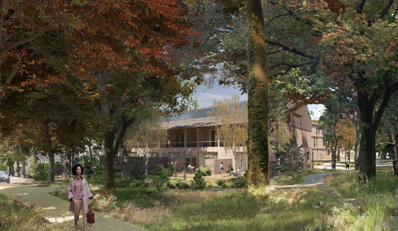 Impressie van ontwikkeling Bosplaats Thijsse in Renkum – duurzaam gebouw met houten uitstraling midden in een bosrijke omgeving, met wandelpad en bewoners in het groen.