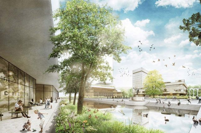 Impressie Herontwikkeling Stadhuisplein Eindhoven met groen stadsplein, waterpartij en terrassen bij het stadhuis—levendige openbare ruimte met voetgangers en vogels.