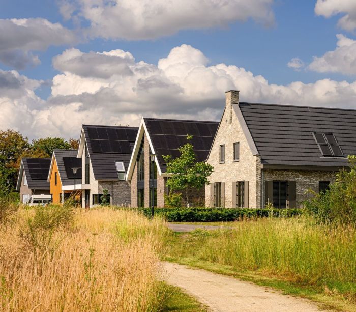 Nieuwbouwwoningen in Kloostervelden in Sterksel met moderne architectuur, zonnepanelen en een natuurlijke, groene omgeving.