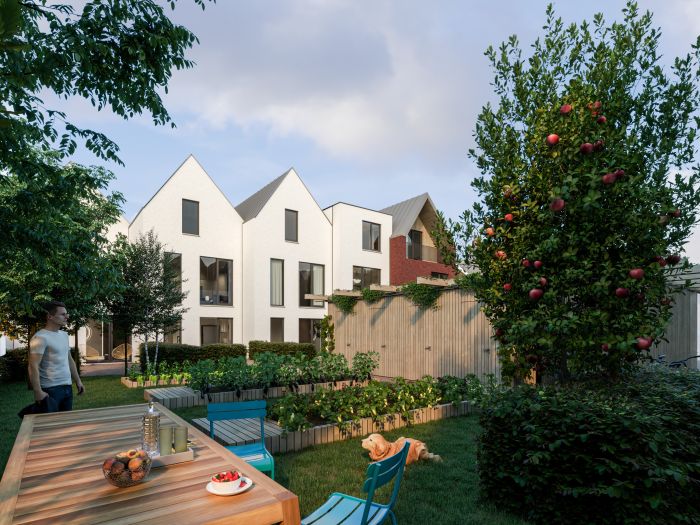 Impressie Stadsgeluk Utrecht – binnentuin met stadswoningen, moestuinbakken, appelboom en spelende hond op een zomeravond.