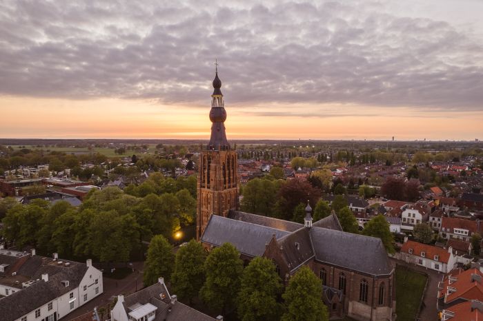 Middeleeuwse kerk met hoge toren in stadscentrum, bomen en daken in avondlicht