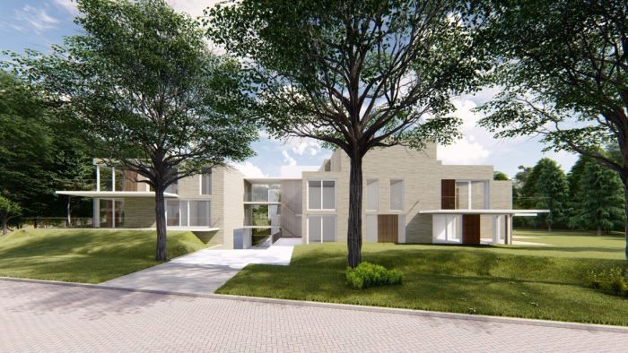 Architectonische villa-appartementen in groene parksetting, wit-beige baksteen, houten accenten en royale glaspartijen – Boslaan Son en Breugel.