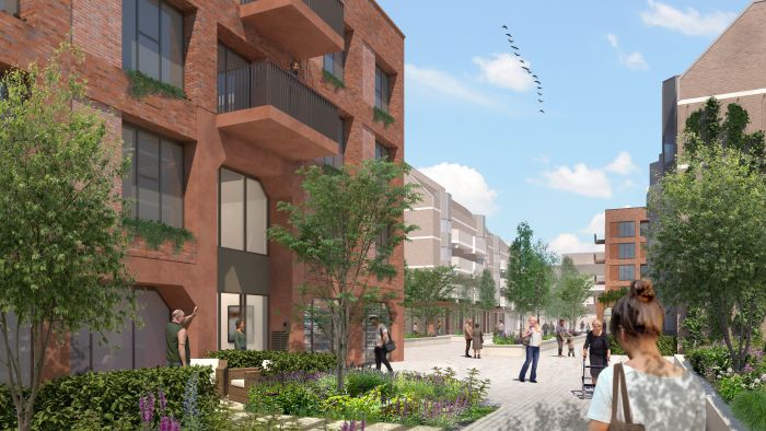 Stadsvernieuwing impressie: bakstenen appartementen met balkons aan groene wandelstraat met voetgangers.