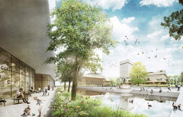 Impressie Herontwikkeling Stadhuisplein Eindhoven met groen stadsplein, waterpartij en terrassen bij het stadhuis—levendige openbare ruimte met voetgangers en vogels.