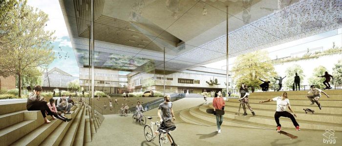 Impressie herontwikkeling Stadhuisplein Eindhoven met overdekt stadsplein, tribune-trappen, skaters, fietsers en groen.