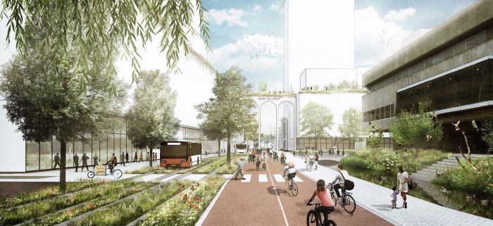 Herontwikkeling Stadhuisplein Eindhoven – impressie van groene stadsboulevard met HOV-bus, veel fietsers en voetgangers, brede stoepen en nieuwbouw met daktuinen en arcades.