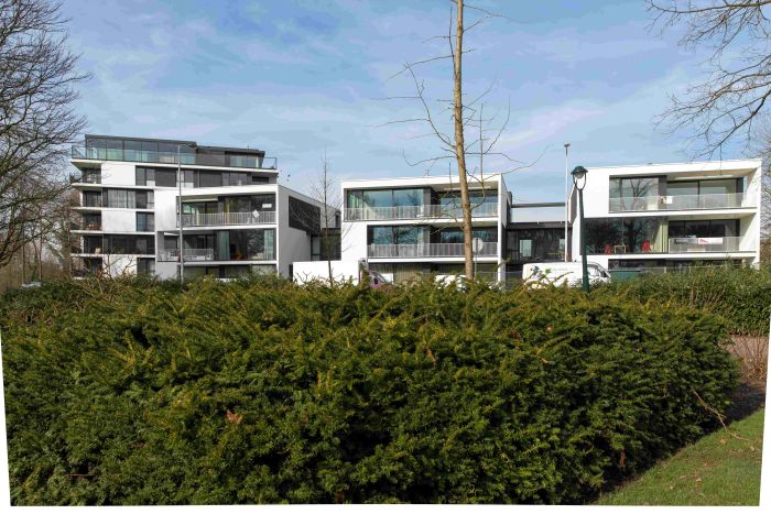 Parkzicht op kubistische woonblokken met glas en terrassen, lage heg op voorgrond — Ontwikkeling Het Schrijverskwartier Eindhoven