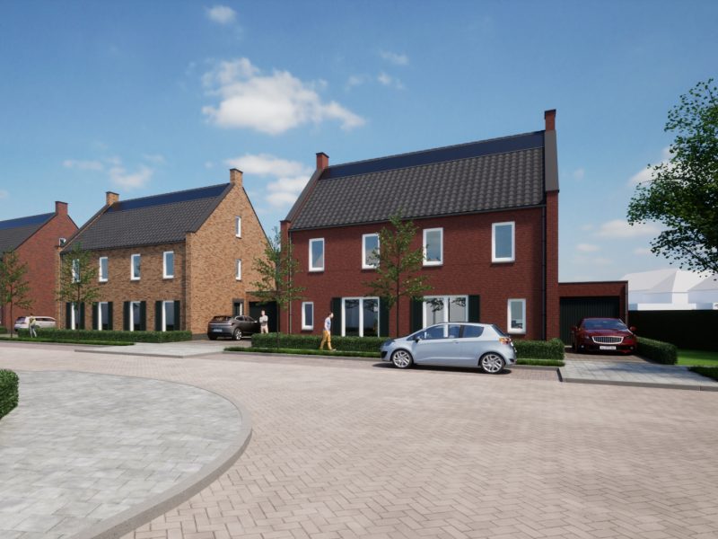 Straatbeeld impressie herontwikkeling De Molensteen Valkenswaard met rijwoningen in baksteen, donkere zadeldaken en geparkeerde auto’s op een rustig hofje onder een zonnige lucht.