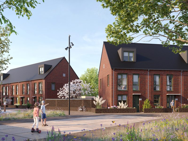 Impressie van het nieuwbouwproject Land van Anna in Goirle, met spelende kinderen in een groene, kindvriendelijke woonwijk met moderne woningen.