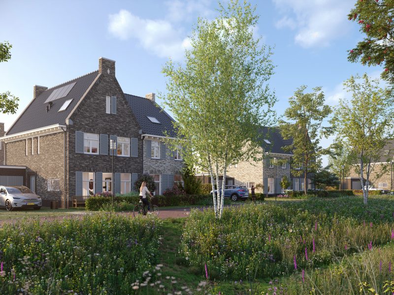 Impressie van twee-onder-een-kapwoningen in het nieuwbouwproject Land van Anna in Goirle, met moderne architectuur en groene omgeving.